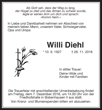 Traueranzeige von Willi Diehl von Alsfelder Allgemeine