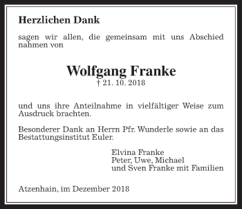 Traueranzeige von Wolfgang Franke von Mücker Stimme