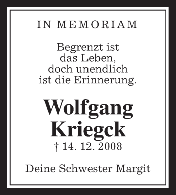 Traueranzeige von Wolfgang Kriegck von Wetterauer Zeitung, Wetterauer Zeitung