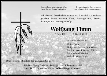 Traueranzeige von Wolfgang Timm von Giessener Allgemeine, Alsfelder Allgemeine