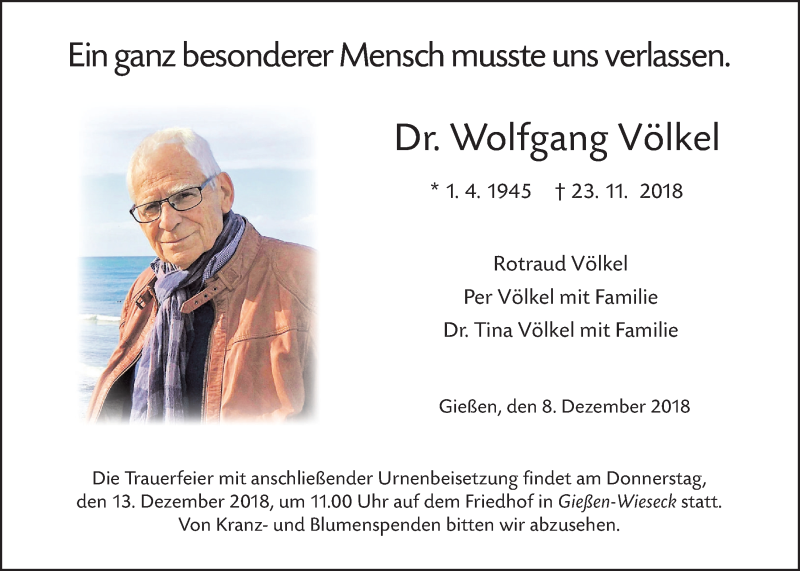  Traueranzeige für Wolfgang Völkel vom 08.12.2018 aus Giessener Allgemeine, Alsfelder Allgemeine