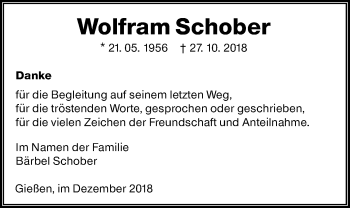 Traueranzeige von Wolfram Schober von Giessener Allgemeine, Alsfelder Allgemeine