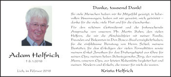 Traueranzeige von Adam Helfrich von Licher Wochenblatt, Licher Wochenblatt, Licher Wochenblatt