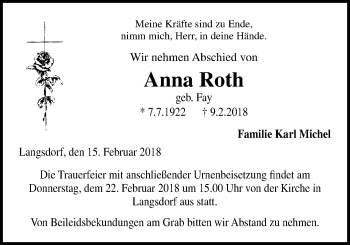 Traueranzeige von Anna Roth von Licher Wochenblatt, Licher Wochenblatt, Licher Wochenblatt