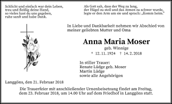 Traueranzeige von Anna Maria Moser von Giessener Allgemeine, Alsfelder Allgemeine