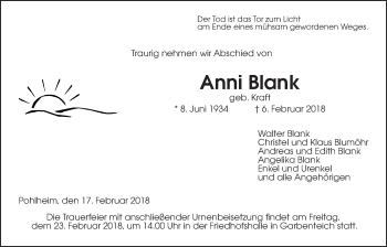 Traueranzeige von Anni Blank von Giessener Allgemeine, Alsfelder Allgemeine