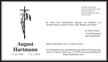 Traueranzeige von August Hartmann von Wetterauer Zeitung, Wetterauer Zeitung