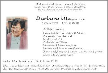 Traueranzeige von Barbara Utz von Giessener Allgemeine, Alsfelder Allgemeine