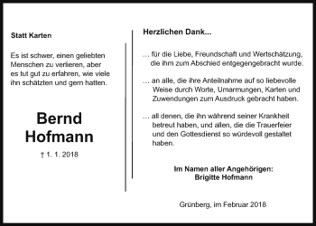 Traueranzeige von Bernd Hofmann von Giessener Allgemeine, Alsfelder Allgemeine
