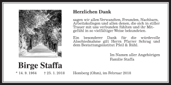 Traueranzeige von Birge Staffa von Alsfelder Allgemeine