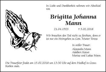 Traueranzeige von Brigitta Johanna Mann von Wetterauer Zeitung, Wetterauer Zeitung