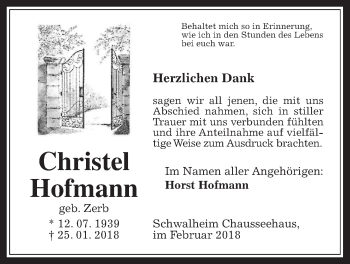 Traueranzeige von Christel Hofmann von Wetterauer Zeitung, Wetterauer Zeitung