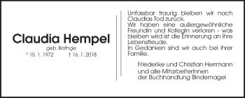 Traueranzeige von Claudia Hempel von Wetterauer Zeitung, Wetterauer Zeitung