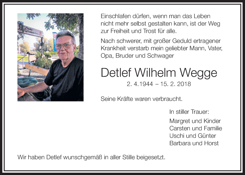  Traueranzeige für Detlef Wilhelm Wegge vom 26.02.2018 aus Wetterauer Zeitung, Wetterauer Zeitung