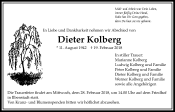 Traueranzeige von Dieter Kolberg von Wetterauer Zeitung, Wetterauer Zeitung