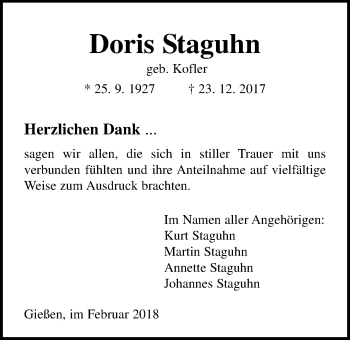 Traueranzeige von Doris Staguhn von Giessener Allgemeine, Alsfelder Allgemeine