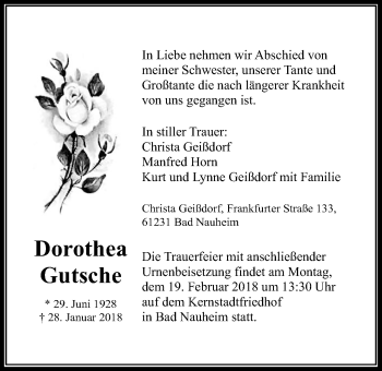 Traueranzeige von Dorothea Gutsche von Wetterauer Zeitung, Wetterauer Zeitung
