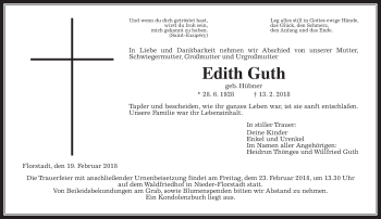 Traueranzeige von Edith Guth von Wetterauer Zeitung, Wetterauer Zeitung