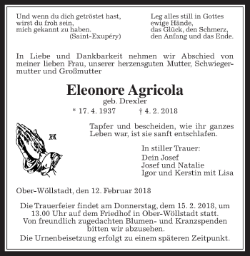 Traueranzeige von Eleonore Agricola von Wetterauer Zeitung, Wetterauer Zeitung