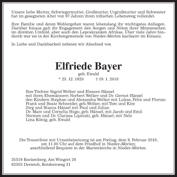 Traueranzeige von Elfriede Bayer von Wetterauer Zeitung, Wetterauer Zeitung