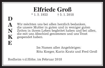 Traueranzeige von Elfriede Groß von Wetterauer Zeitung, Wetterauer Zeitung