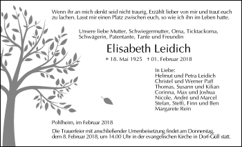 Traueranzeige von Elisabeth Leidich von Giessener Allgemeine, Alsfelder Allgemeine