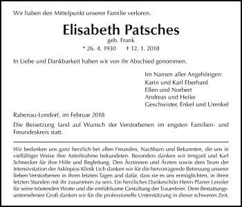 Traueranzeige von Elisabeth Patsches von Giessener Allgemeine, Alsfelder Allgemeine