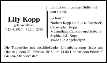 Traueranzeige von Elly Kopp von Giessener Allgemeine, Alsfelder Allgemeine