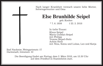 Traueranzeige von Else Brunhilde Seipel von Wetterauer Zeitung, Wetterauer Zeitung