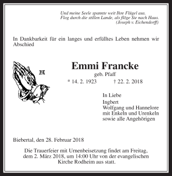 Traueranzeige von Emmi Francke von Giessener Allgemeine, Alsfelder Allgemeine