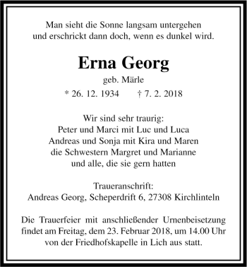 Traueranzeige von Erna Georg von Licher Wochenblatt, Licher Wochenblatt, Licher Wochenblatt