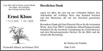 Traueranzeige von Ernst Kloos von Giessener Allgemeine, Alsfelder Allgemeine