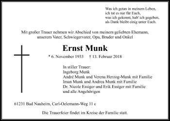 Traueranzeige von Ernst Munk von Wetterauer Zeitung, Wetterauer Zeitung
