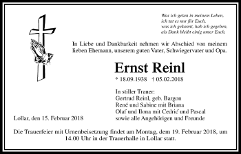 Traueranzeige von Ernst Reinl von Giessener Allgemeine, Alsfelder Allgemeine