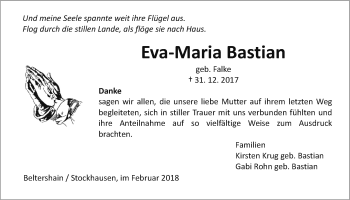 Traueranzeige von Eva-Maria Bastian von Giessener Allgemeine, Alsfelder Allgemeine