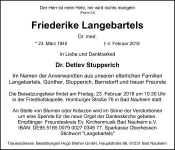 Traueranzeige von Friederike Langebartels von Wetterauer Zeitung, Wetterauer Zeitung, Giessener Allgemeine, Alsfelder Allgemeine, Wetterauer Zeitung, Wetterauer Zeitung
