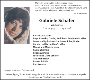 Traueranzeige von Gabriele Schäfer von Giessener Allgemeine, Alsfelder Allgemeine, Wetterauer Zeitung, Wetterauer Zeitung