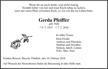 Traueranzeige von Gerda Pfeiffer von Giessener Allgemeine, Alsfelder Allgemeine