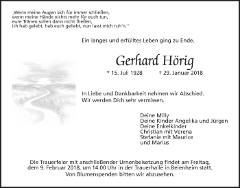 Traueranzeige von Gerhard Hörig von Wetterauer Zeitung, Wetterauer Zeitung