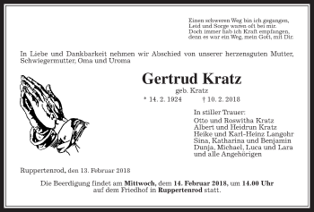 Traueranzeige von Gertrud Kratz von Alsfelder Allgemeine