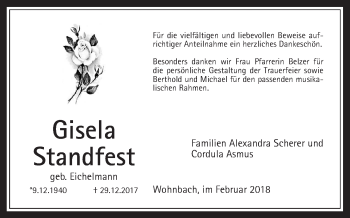 Traueranzeige von Gisela Standfest von Wetterauer Zeitung, Wetterauer Zeitung