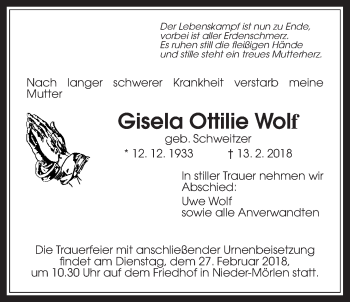 Traueranzeige von Gisela Ottilie Wolf von Wetterauer Zeitung, Wetterauer Zeitung