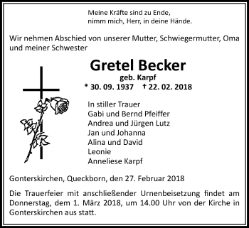 Traueranzeige von Gretel Becker von Giessener Allgemeine, Alsfelder Allgemeine
