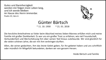 Traueranzeige von Günter Bärtsch von Giessener Allgemeine, Alsfelder Allgemeine