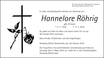 Traueranzeige von Hannelore Röhrig von Alsfelder Allgemeine