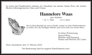 Traueranzeige von Hannelore Waas von Wetterauer Zeitung, Wetterauer Zeitung
