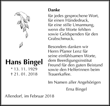 Traueranzeige von Hans Bingel von Giessener Allgemeine, Alsfelder Allgemeine