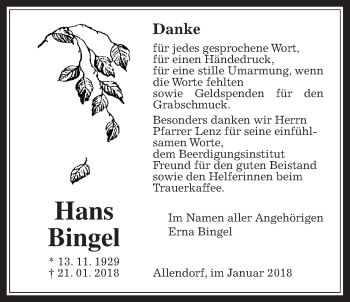 Traueranzeige von Hans Bingel von Allendorfer Mitteilungen