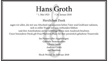 Traueranzeige von Hans Groth von Wetterauer Zeitung, Wetterauer Zeitung