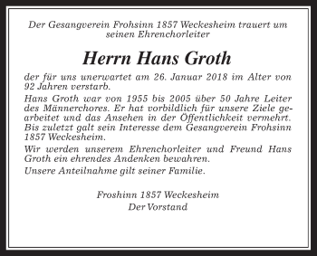 Traueranzeige von Hans Groth von Wetterauer Zeitung, Wetterauer Zeitung